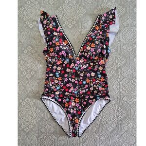 Aidonger Floral One Piece Swimsuit Ruffle V-Neck Black Multicolor XL NWT